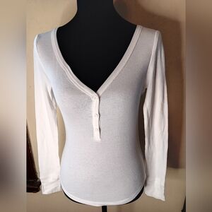 wild fable White Ribbed Henley Long Sleeve Top, Size Xs